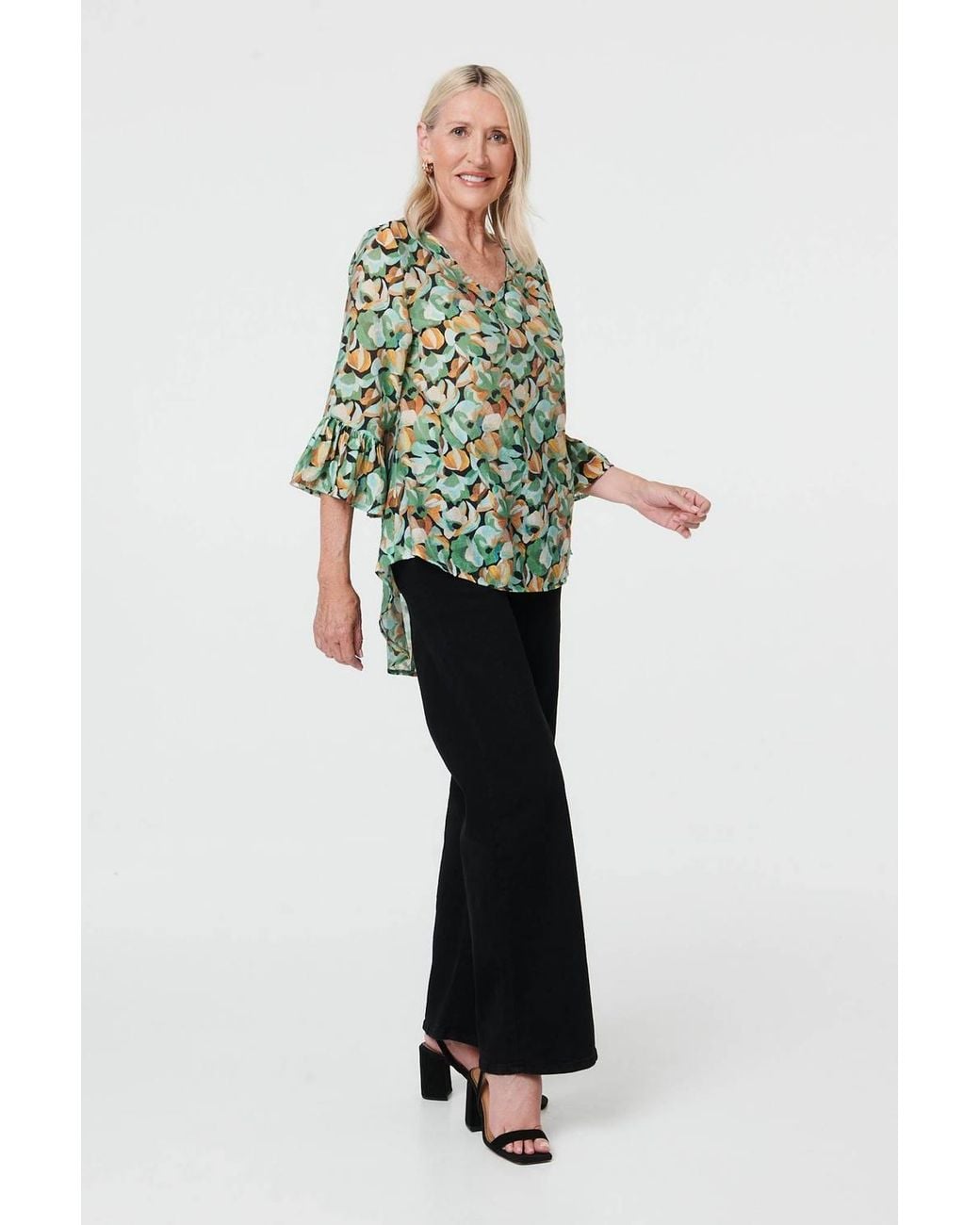Izabel London Green Floral Relaxed 3/4 Flared Sleeve Blouse