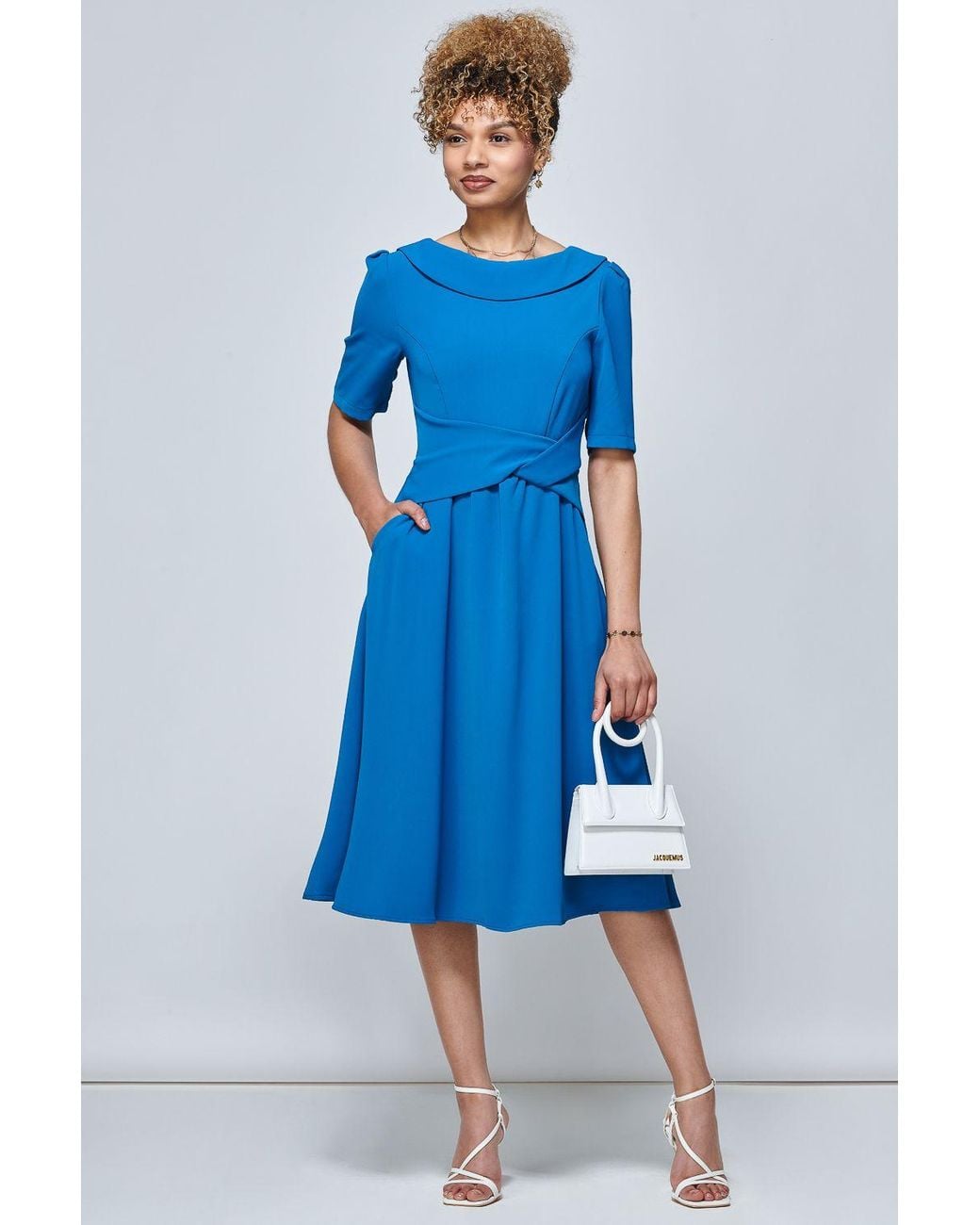 Jolie Moi Blue Darlene Fold Over Neck Dress