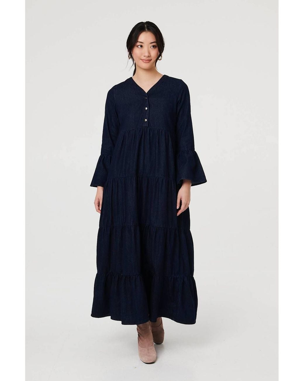 Izabel London Blue Tiered Long Sleeve Relaxed Maxi Dress