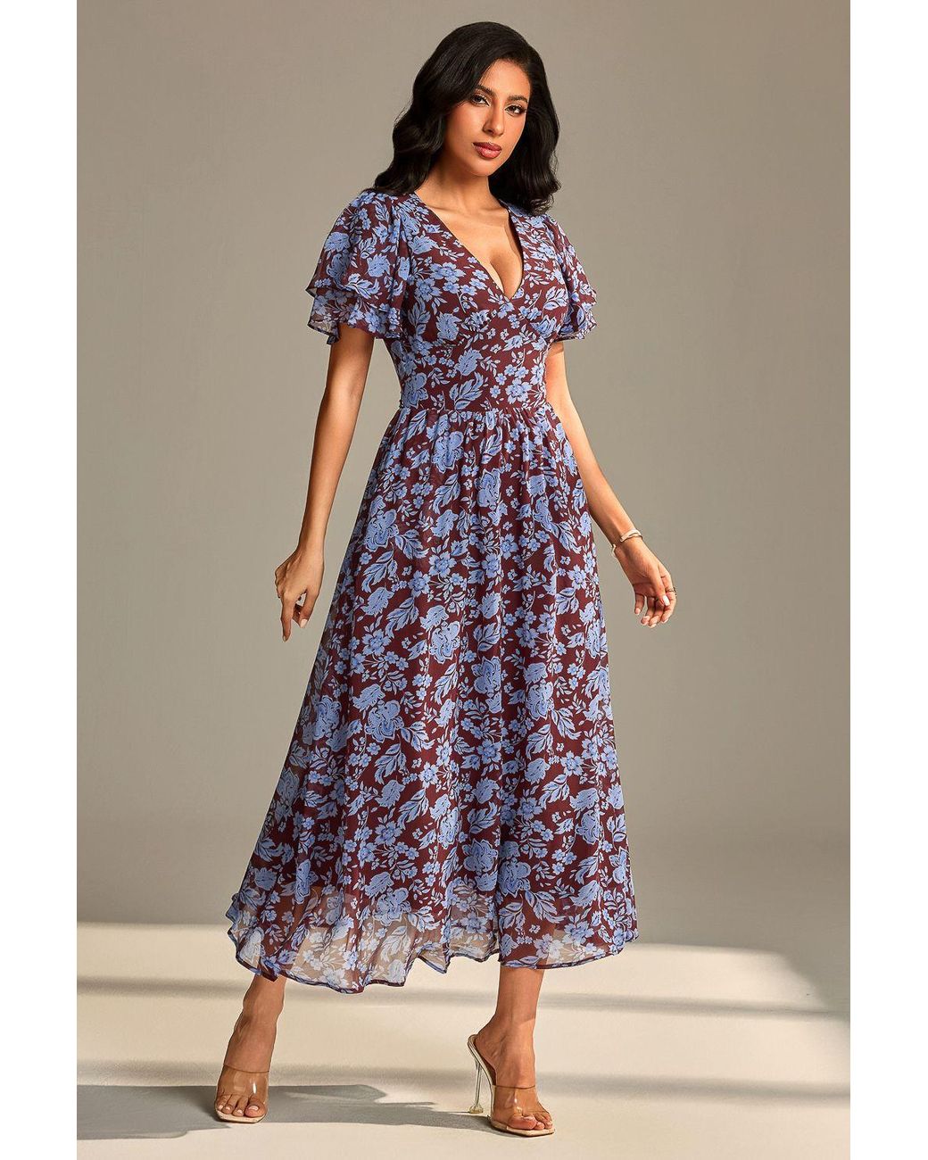 Jolie Moi Blue Layered Angel Sleeved Chiffon Maxi Dress