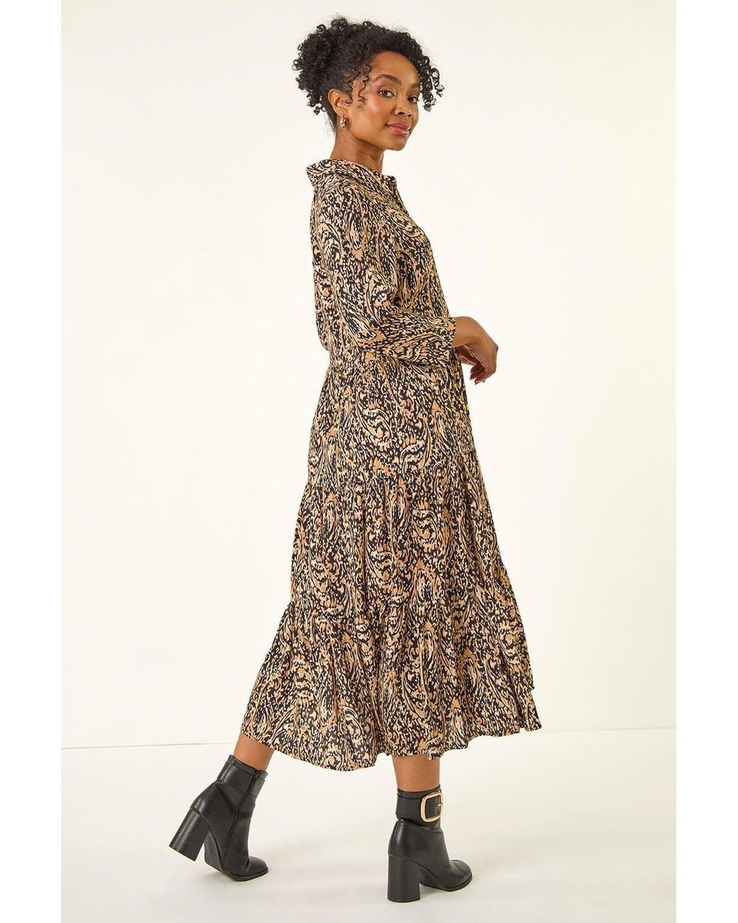Roman Brown Petite Abstract Print Tiered Midi Dress