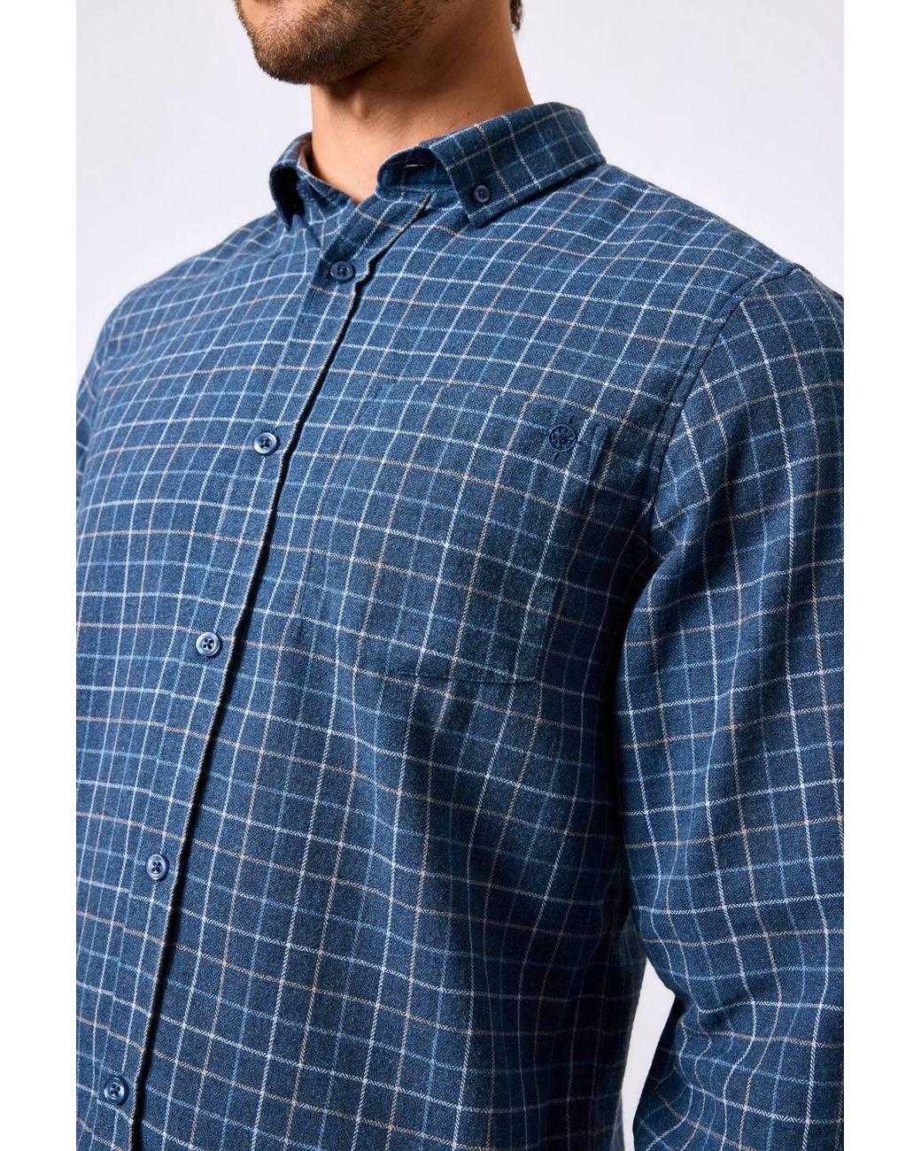 MAINE Blue Brushed Windowpane Check Long Sleeve Shirt for men