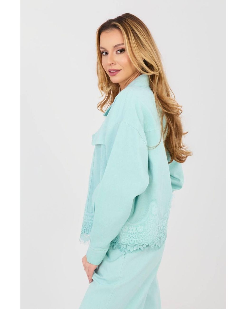 Love Lace Blue Cotton Denim Jacket With Lace Hem
