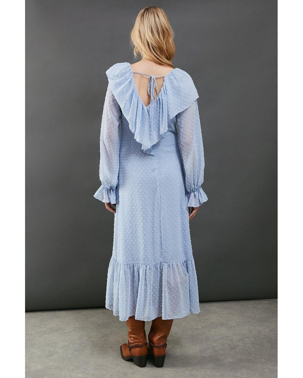 Warehouse Gray Dobby Chiffon Ruffle High Low Hem Midi Dress