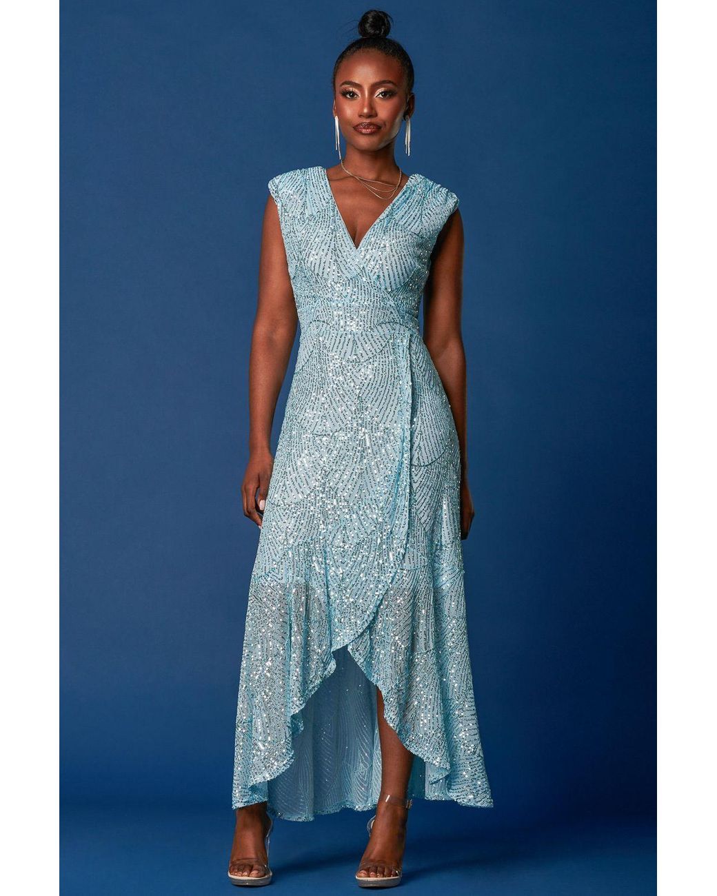 Jolie Moi Blue Sequin High Low Hem Maxi Dress
