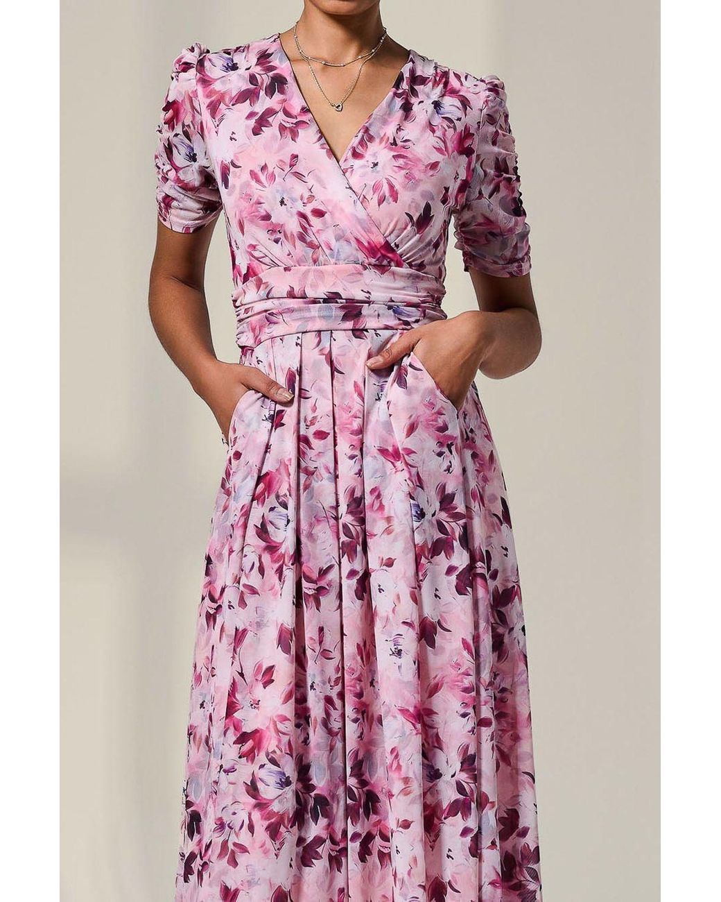 Jolie Moi Pink Petite Wrap Front Ruched Sleeve Midi Dress