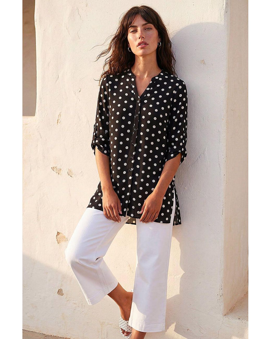 Roman Black Spot Print Longline Buttoned Blouse