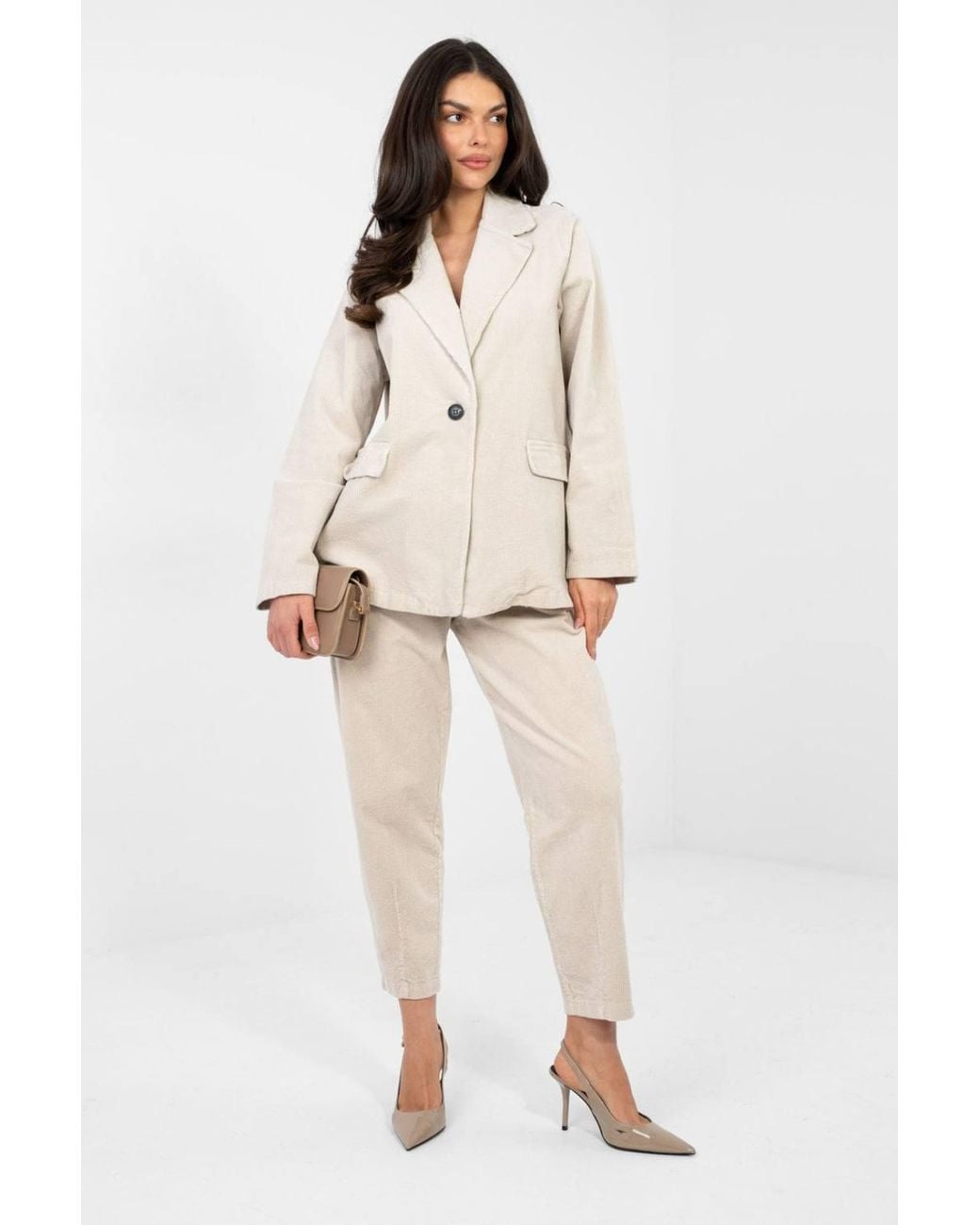 Love Lace White Cotton Corduroy Blazer With Office Style