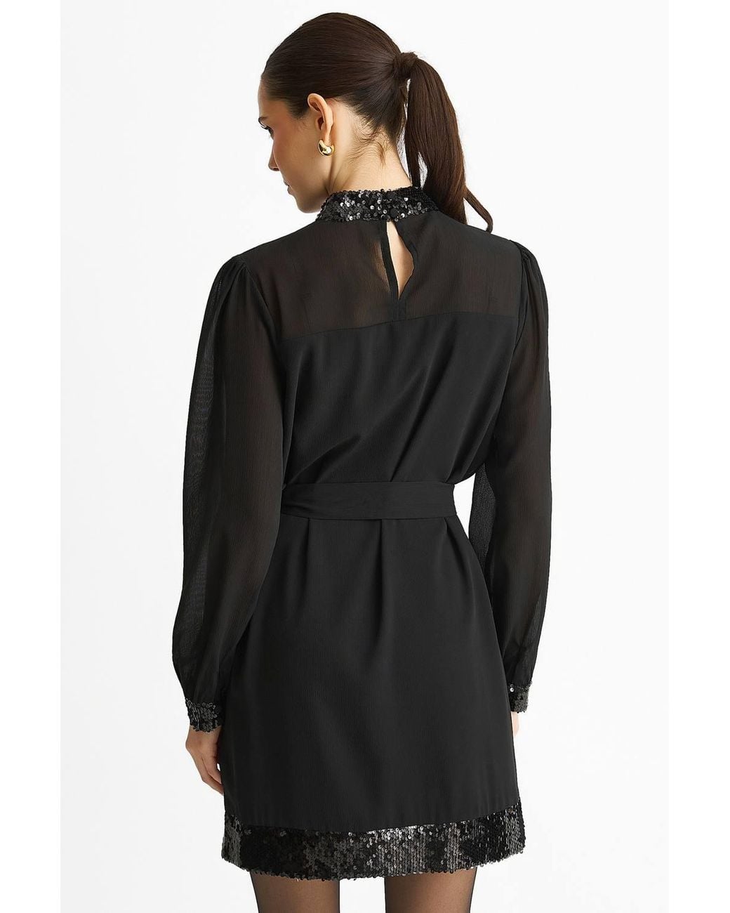 Gini London Black Sequin Trim High Neck Belted Mini Dress
