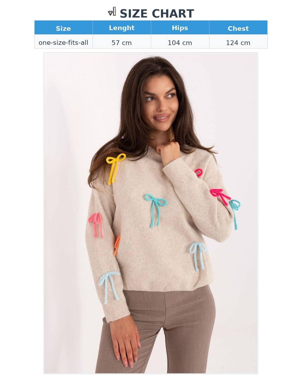 Love Lace Natural Casual Round Neck Sweater With Front Bows