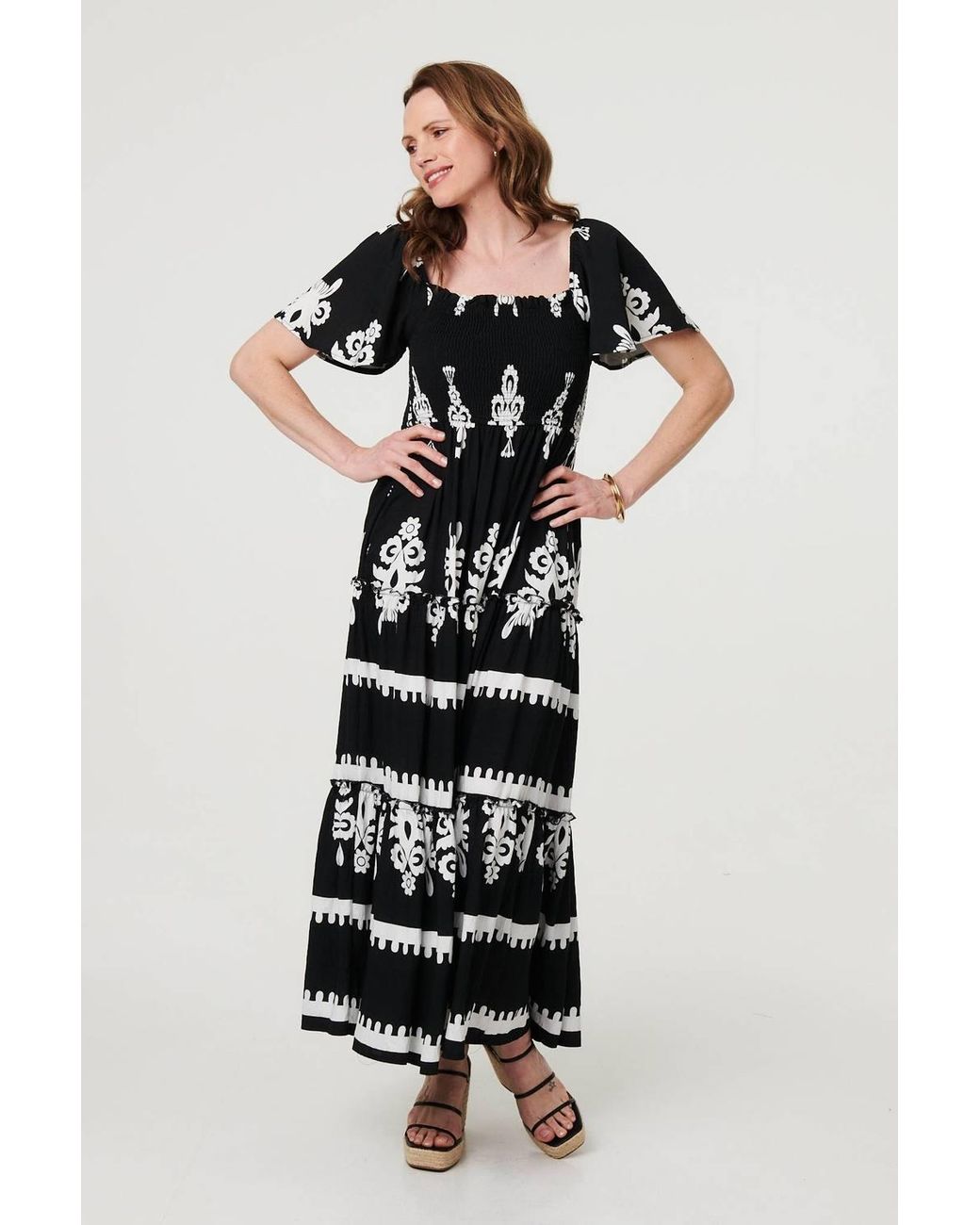 Izabel London White Ikat Print Short Angel Sleeve Maxi Dress