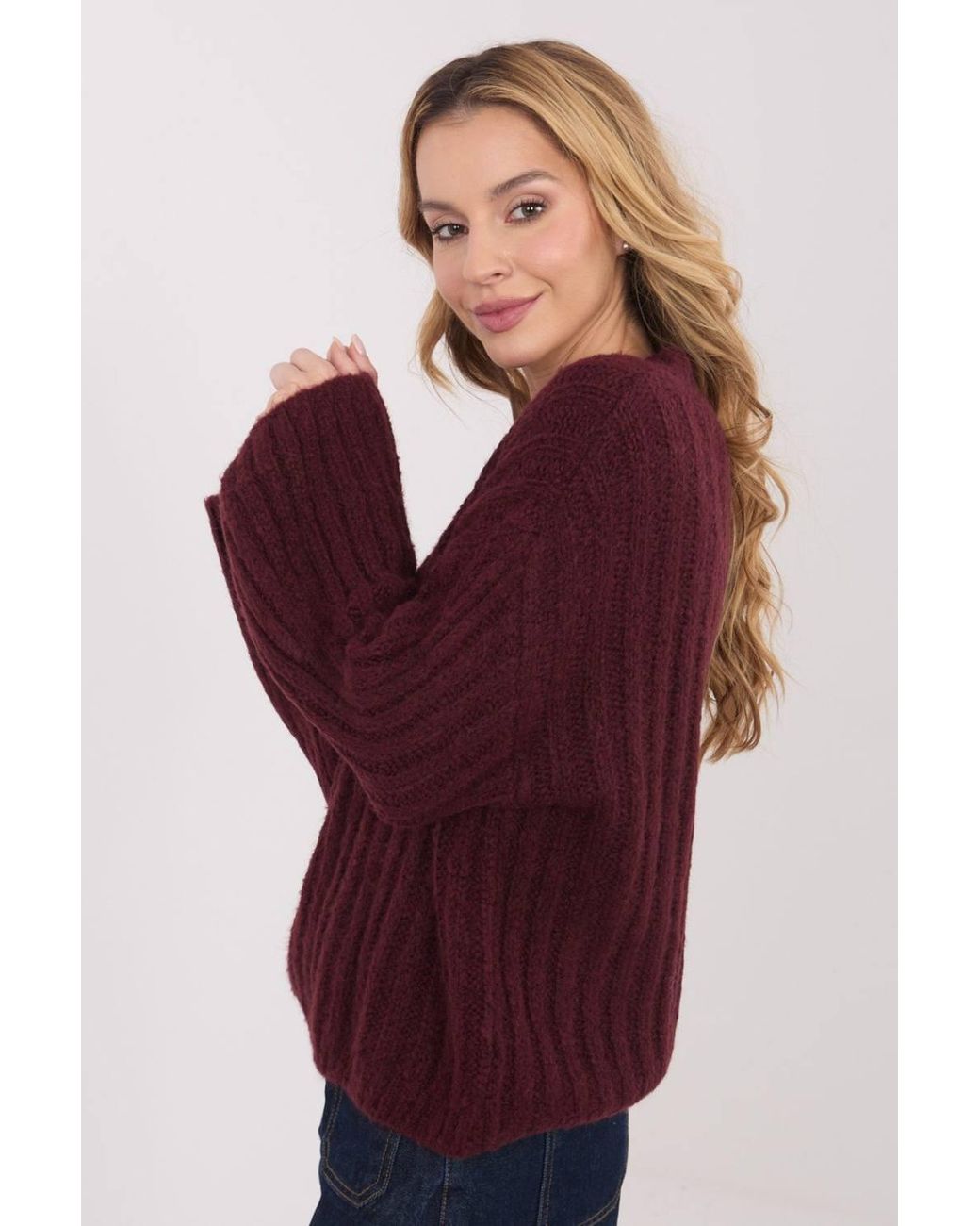 Love Lace Red Thick Knit Round Neck Puff Sleeve Sweater