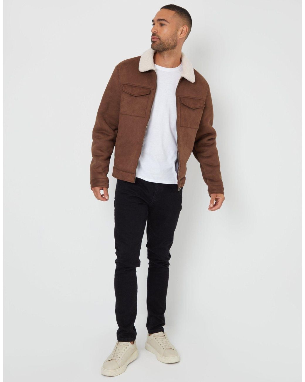Threadbare Brown Faux Suede Borg Lined Aviator Jacket for men