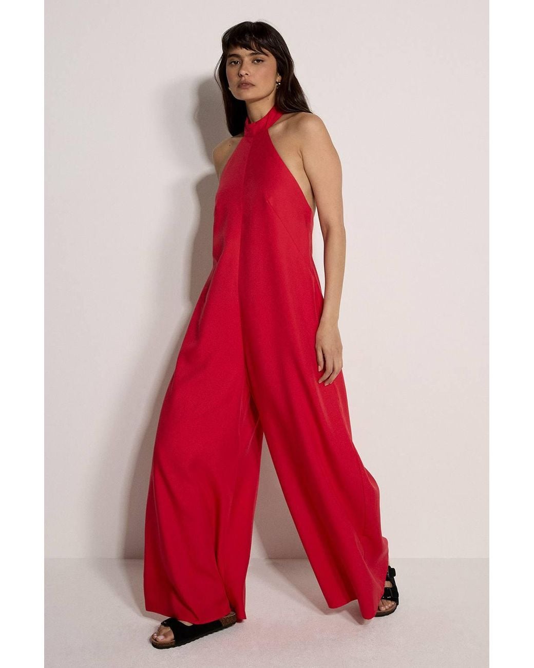 Apricot Red Halter Neck Wide-Leg Linen Blend Jumpsuit