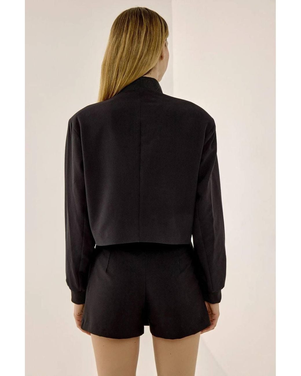 Hiccup Black College Collar Double Pocket Cropped Jacket