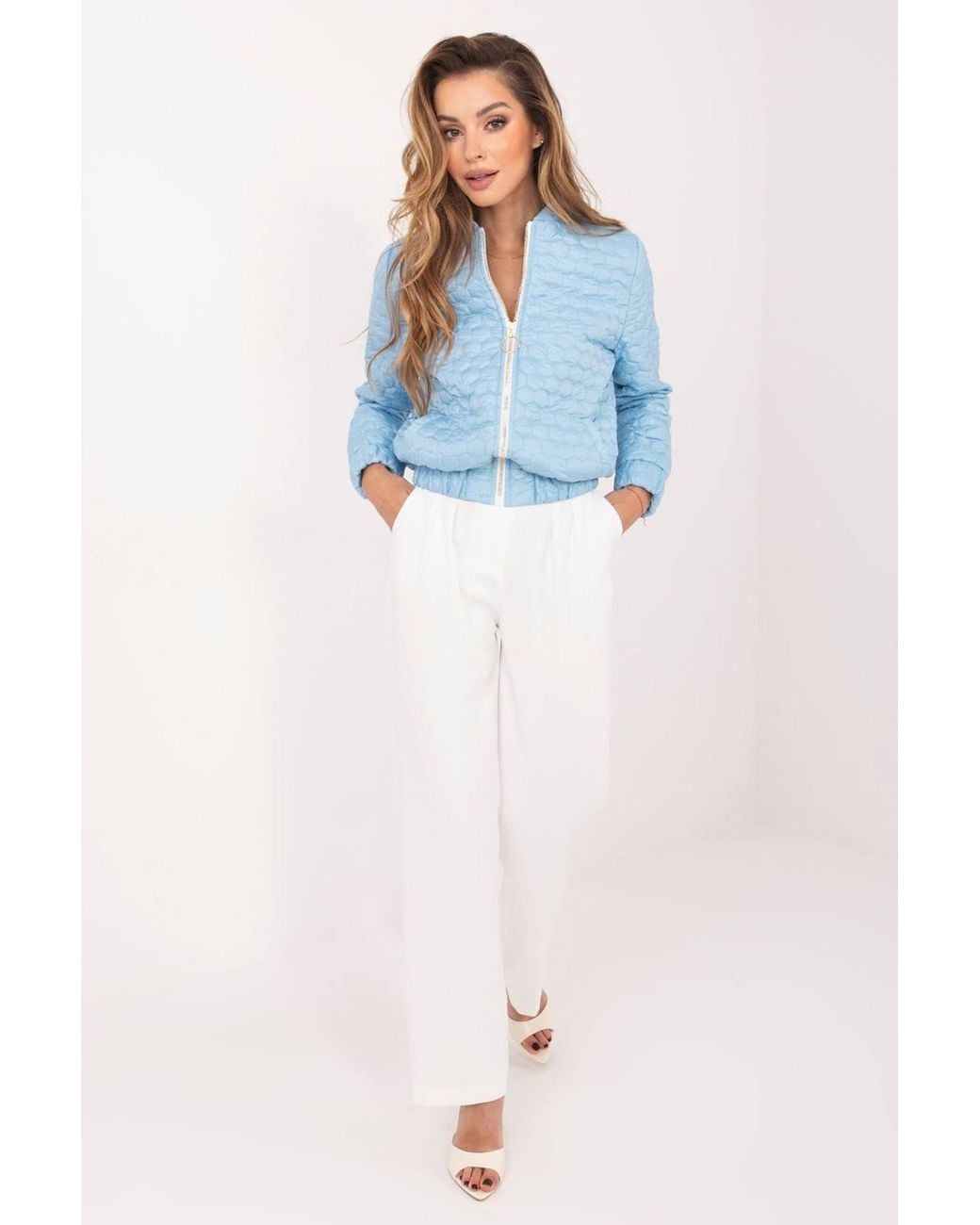 Love Lace Blue Summer Collared Quilted Jacket With Zip