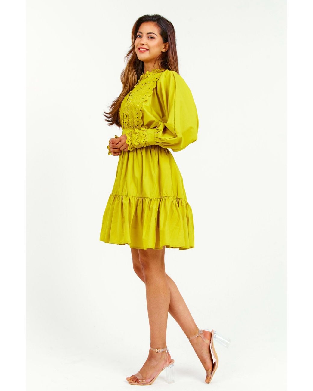 LuvForever Fashion Yellow Embroidered Ruffle Mini Dress