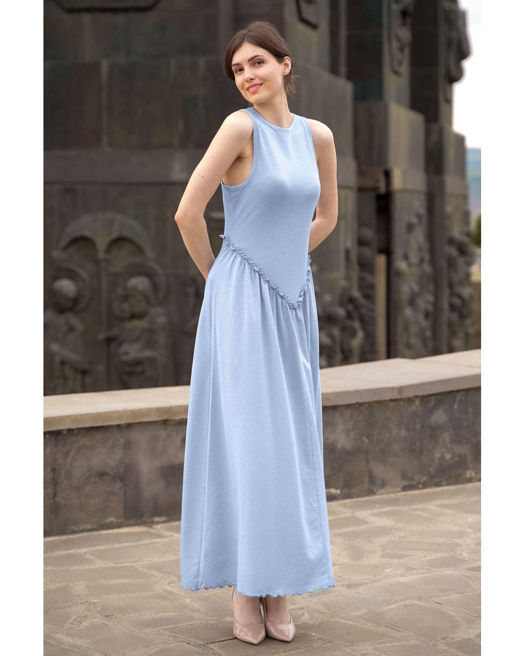 Enorsia Black Frill Detail Sleeveless Jersey Maxi Dress