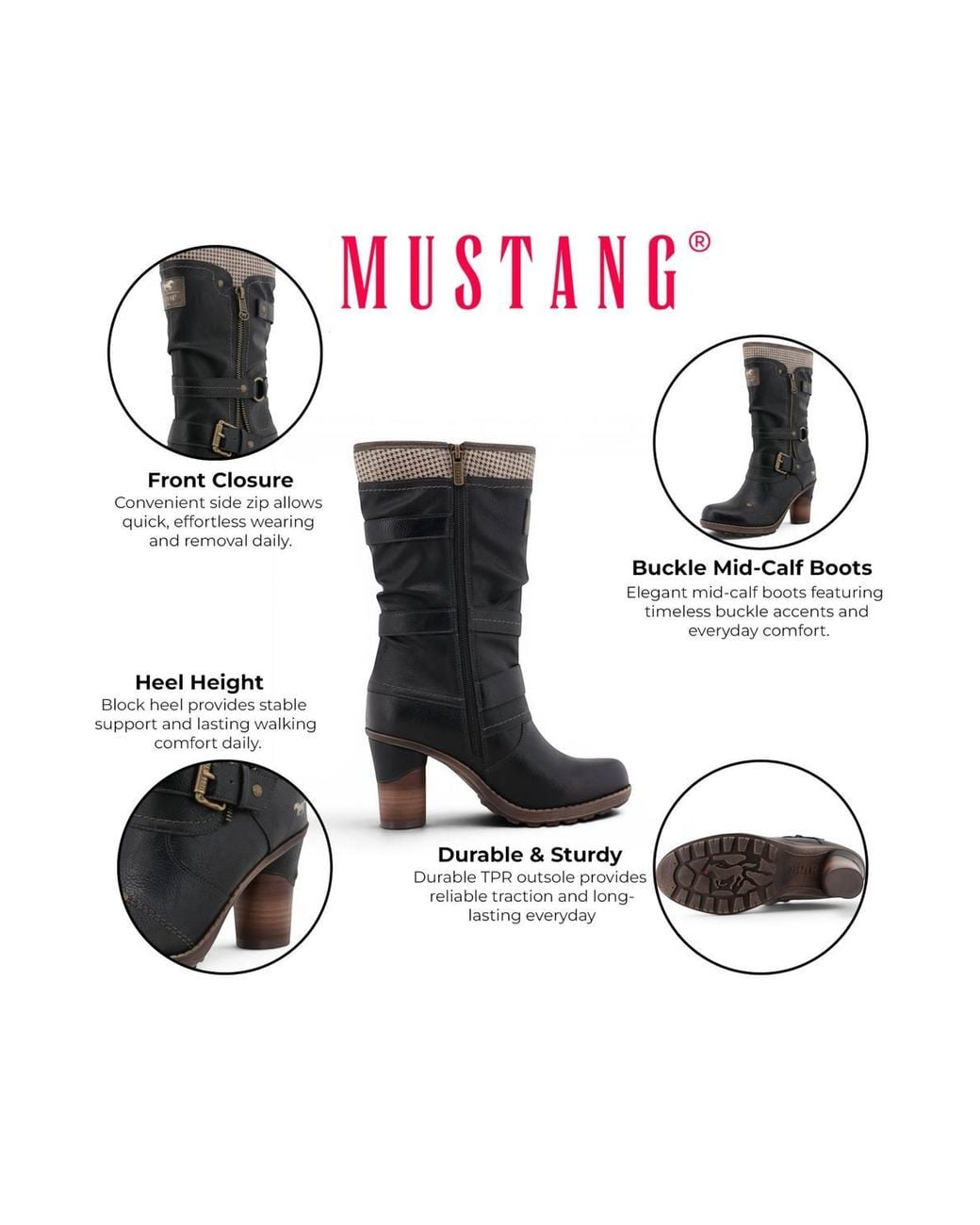 Infinity Leather Black Mustang Mid-Calf Heeled Long Boots