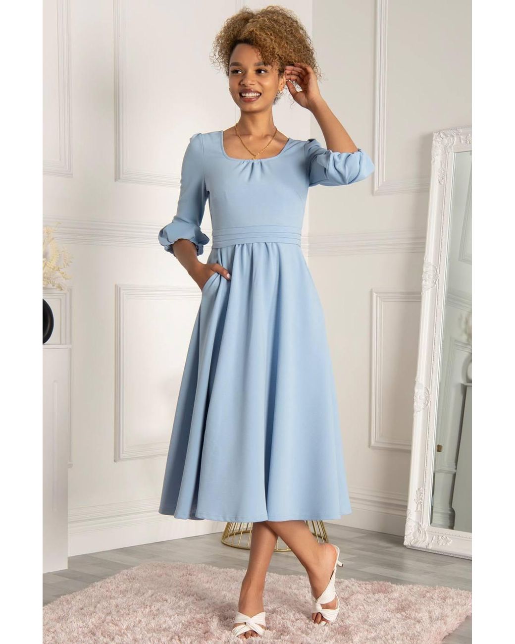 Jolie Moi Blue Bell Sleeve Flare Midi Dress
