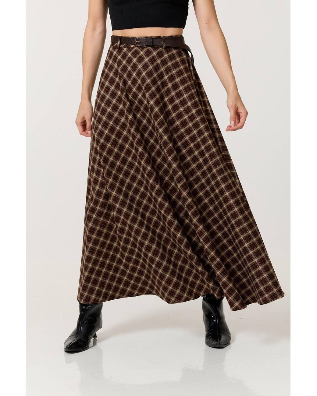 Liquorish Brown Check Belted Maxi Skirt