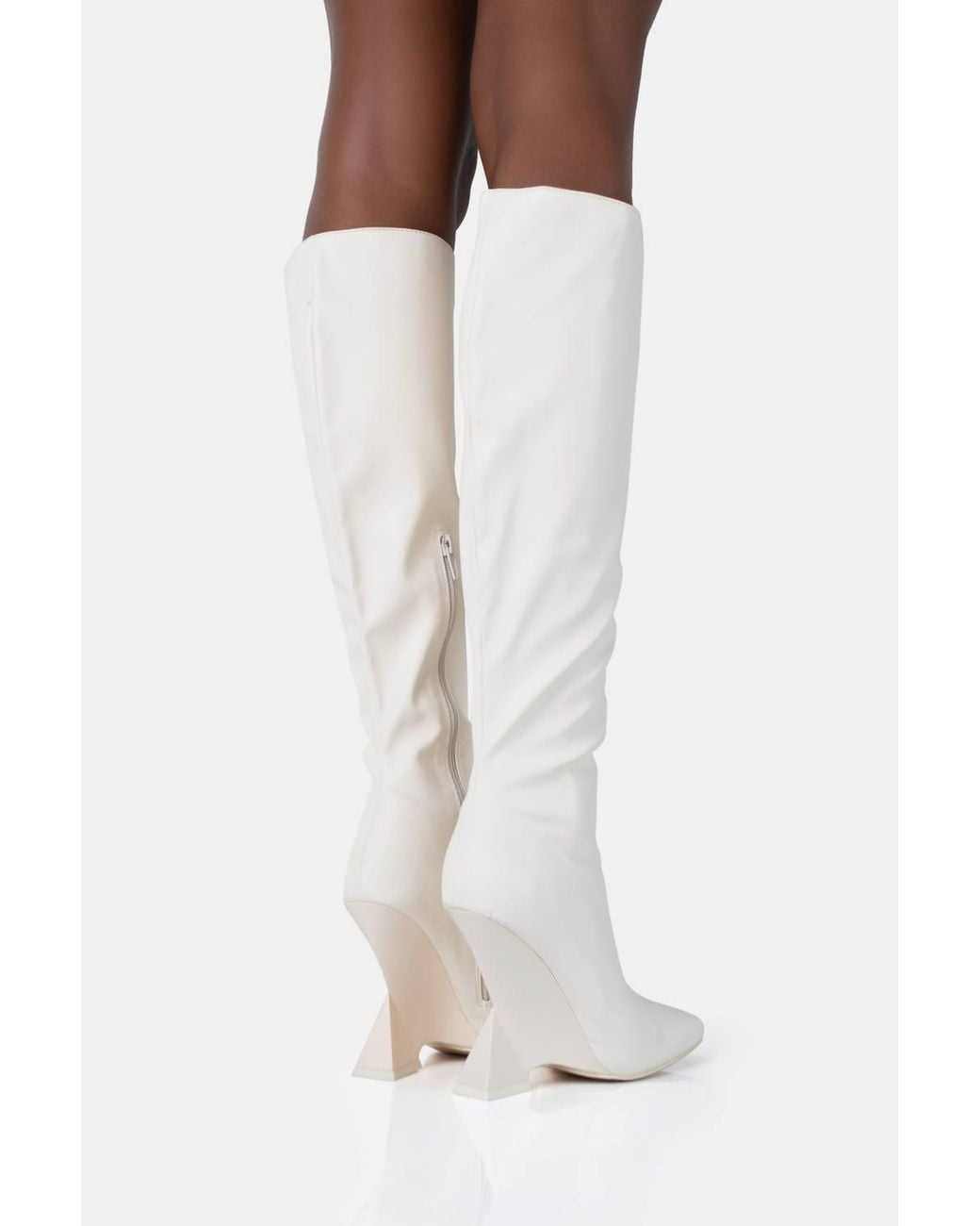 Public Desire White Vanessa Pu Inverted Wedge Square Toe Heeled Knee High Boots