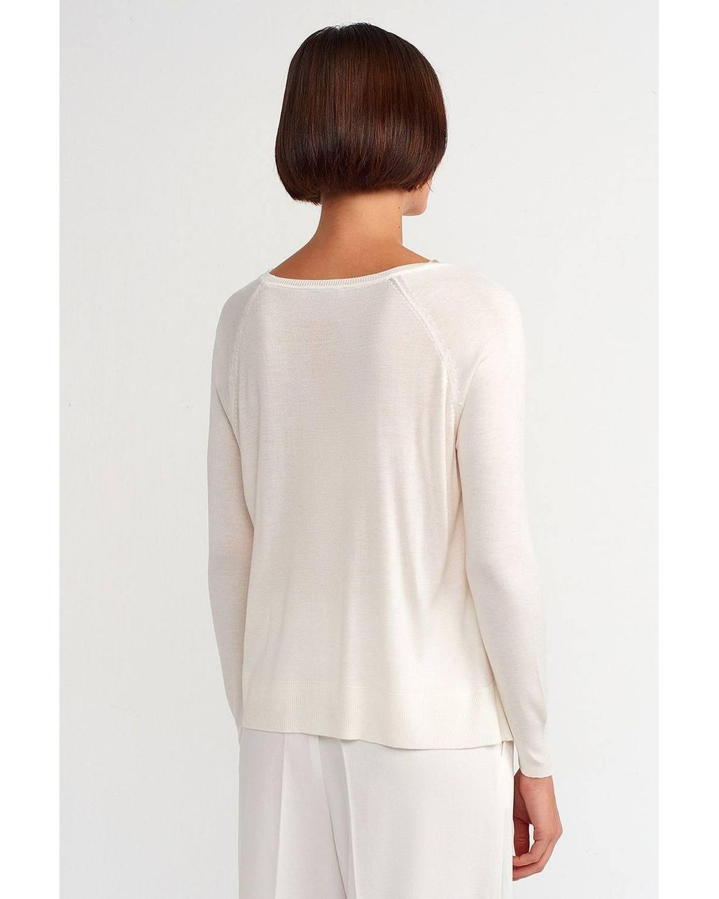 Dilvin White Ribbed Crew Neck Sweater