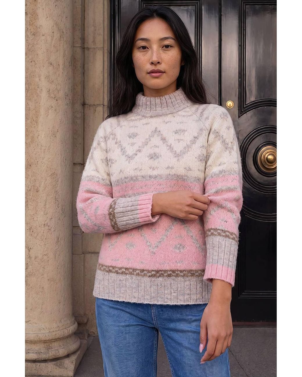 Roman Pink Petite Aztec Colour Block Knit Jumper