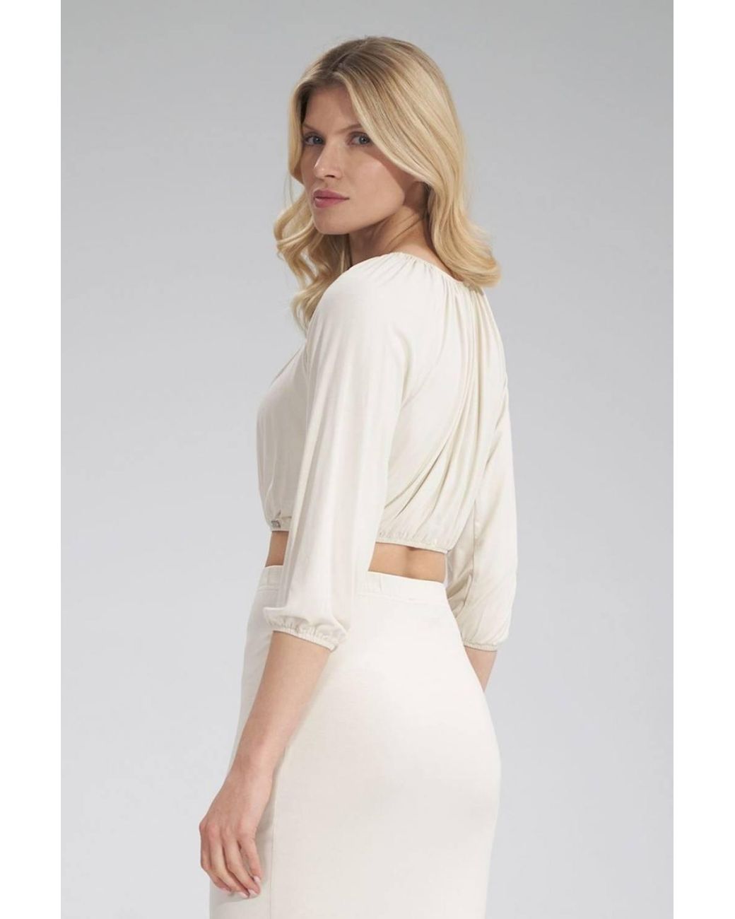 Love Lace Natural Pleated Neck Short Sleeve Elastic Blouse