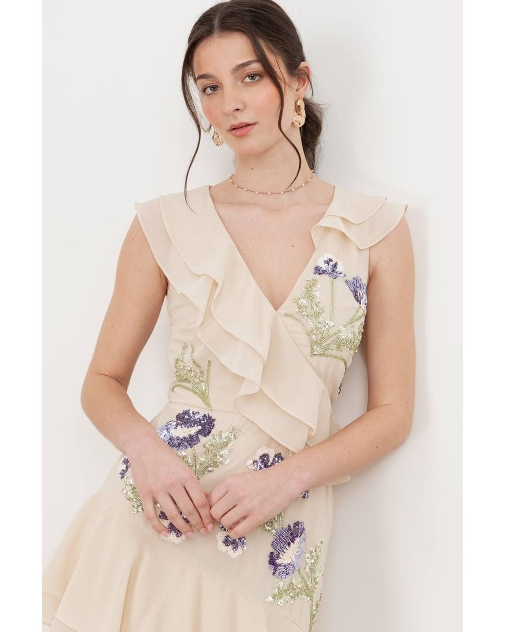 Maya Deluxe Natural Embellished Asymmetric Ruffle Maxi Dress