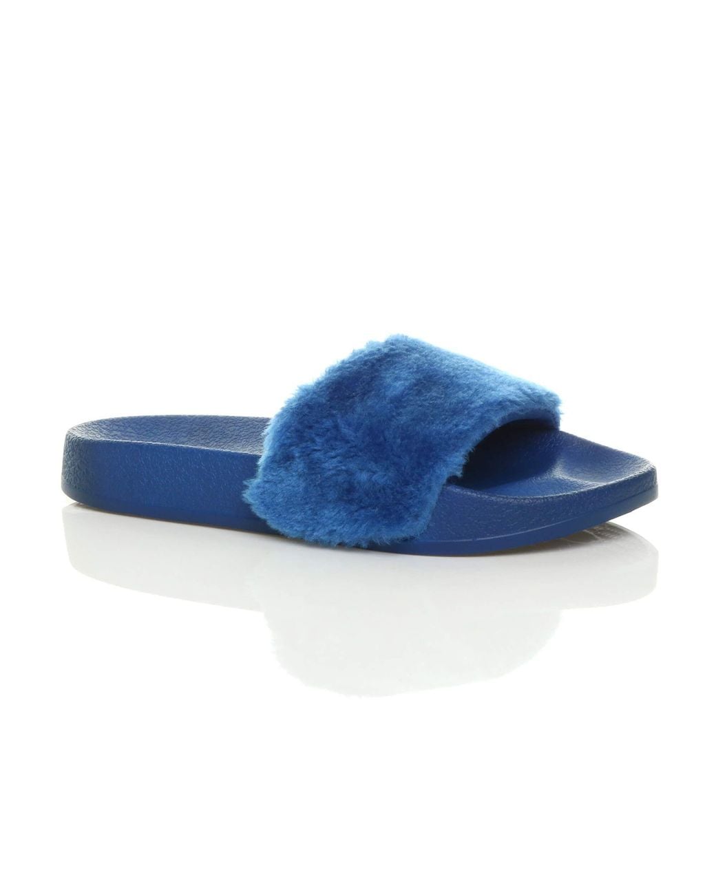AJVANI Blue Flat Heel Faux Fur Flip Flop Sandals Sliders