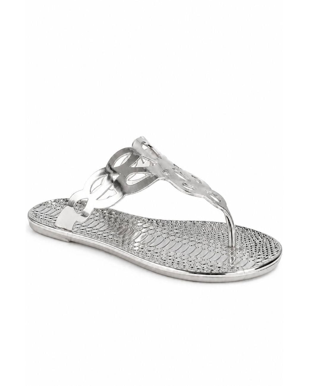 Spot on White Metallic Cut Out Toe Post Sandals With Textured Footbed