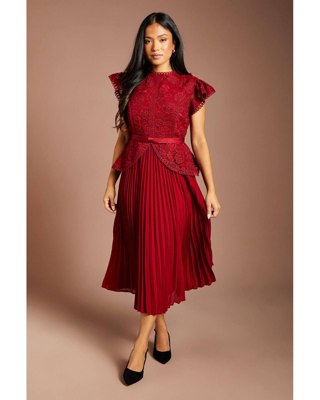 Coast Red Petite Lace Bodice Peplum Midi Dress