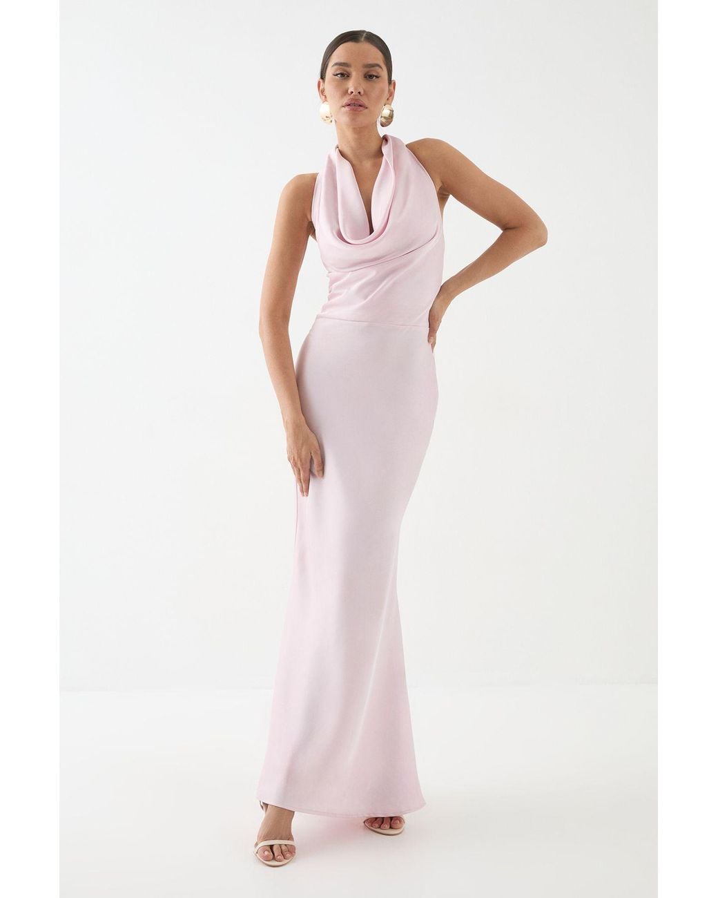 MissPap Pink Satin Cowl Wrap Neck Maxi Dress