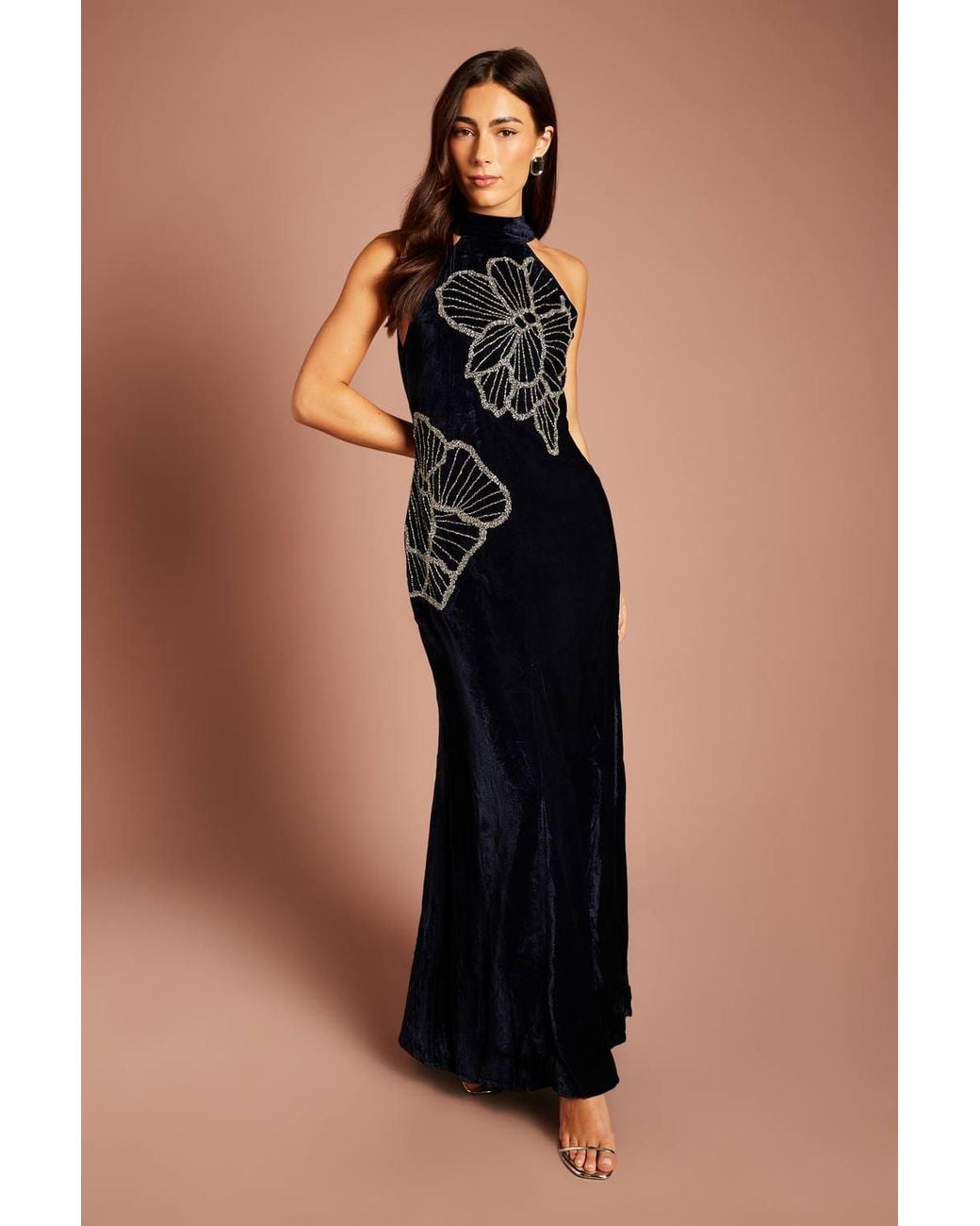 Coast Black Velvet Halter Neck Embellished Floral Maxi Dress