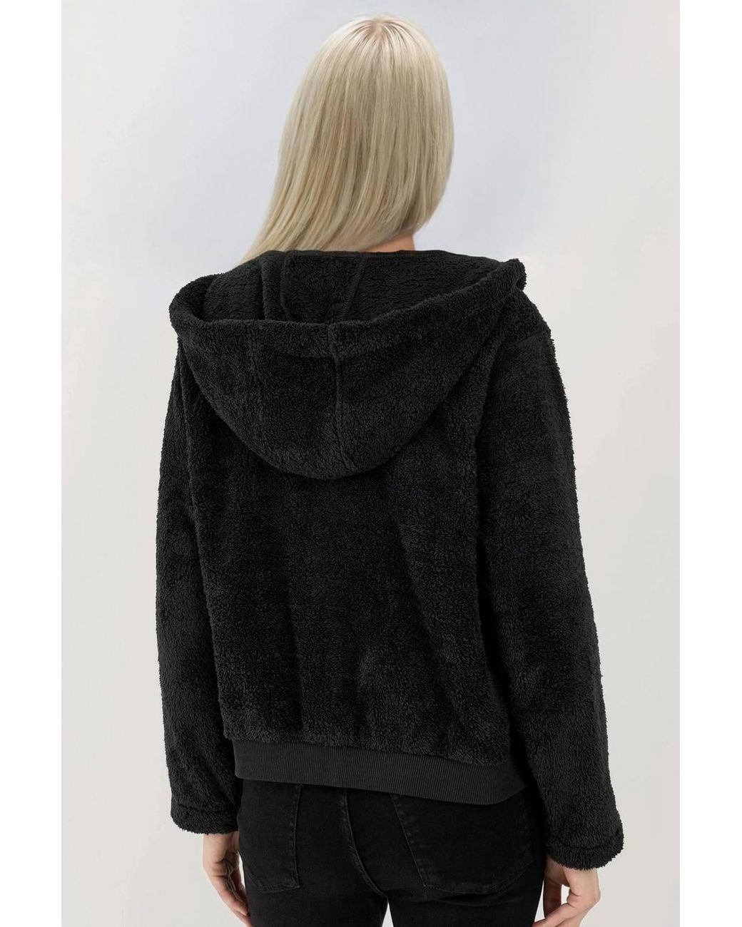 Hiccup Black Textured Full Zip Hooded Fleece Jacket