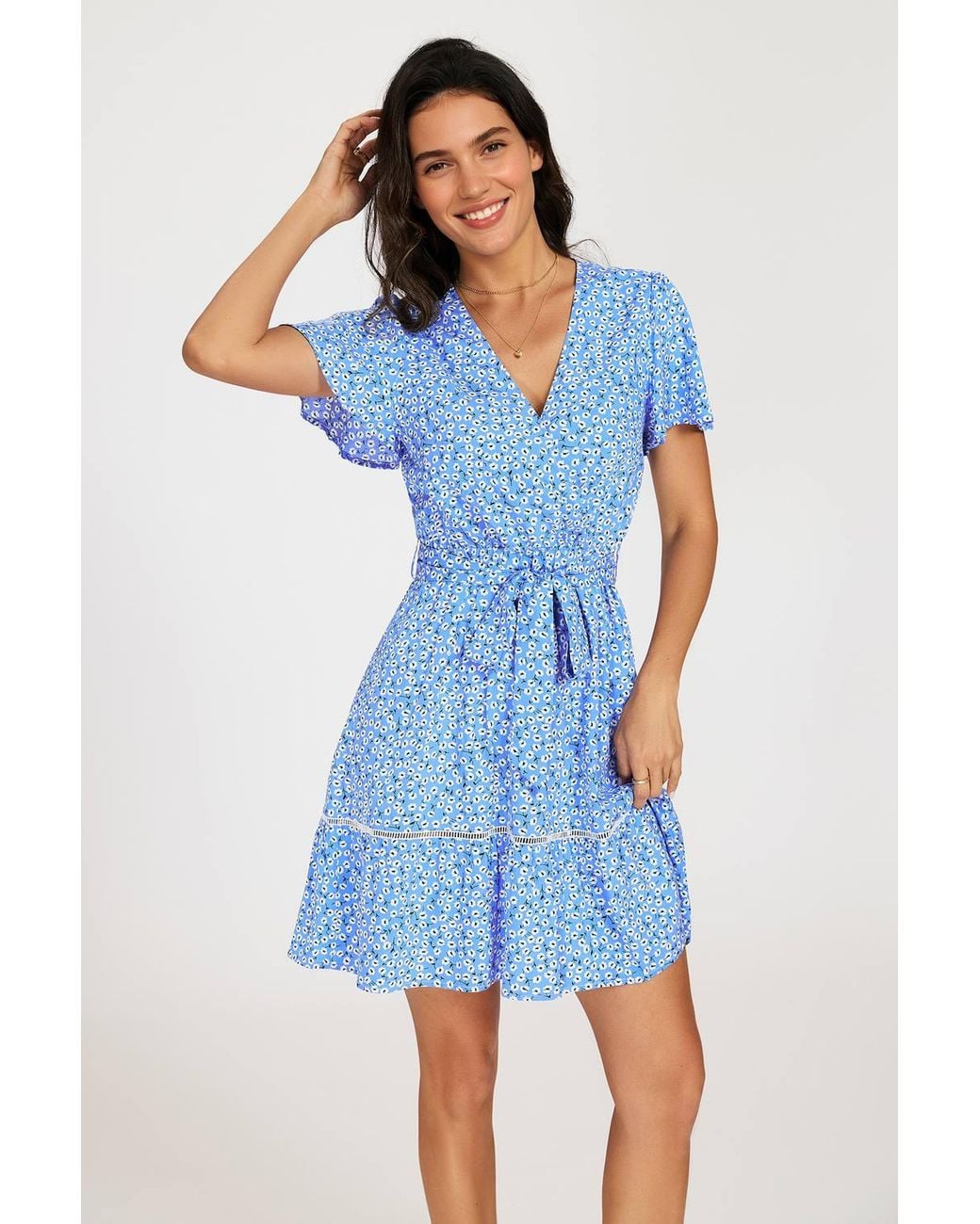 FS Collection Blue Floral Wrap Front Mini Dress With Lace Trim Hem