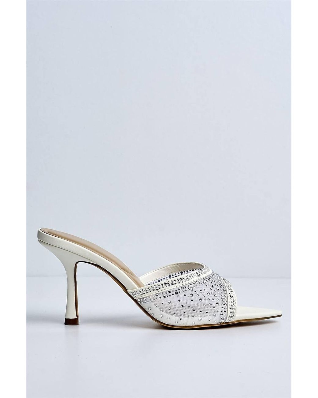 Miss Diva White Ginevra Diamante Mesh Band Heeled Mules