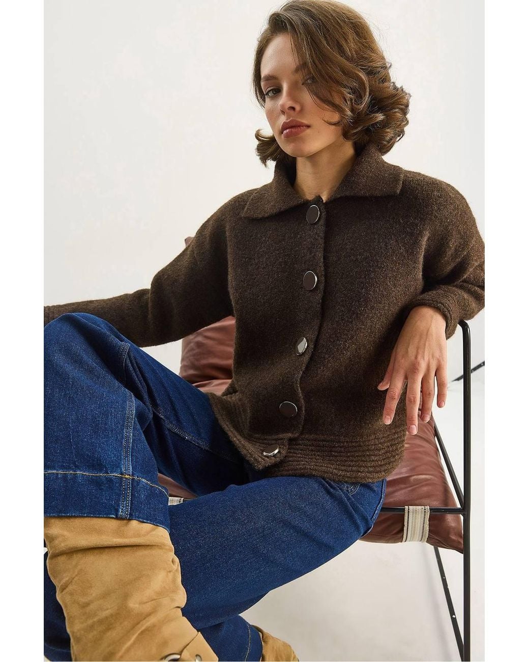 Bianco Lucci Blue Knit Cardigan With Button Closure