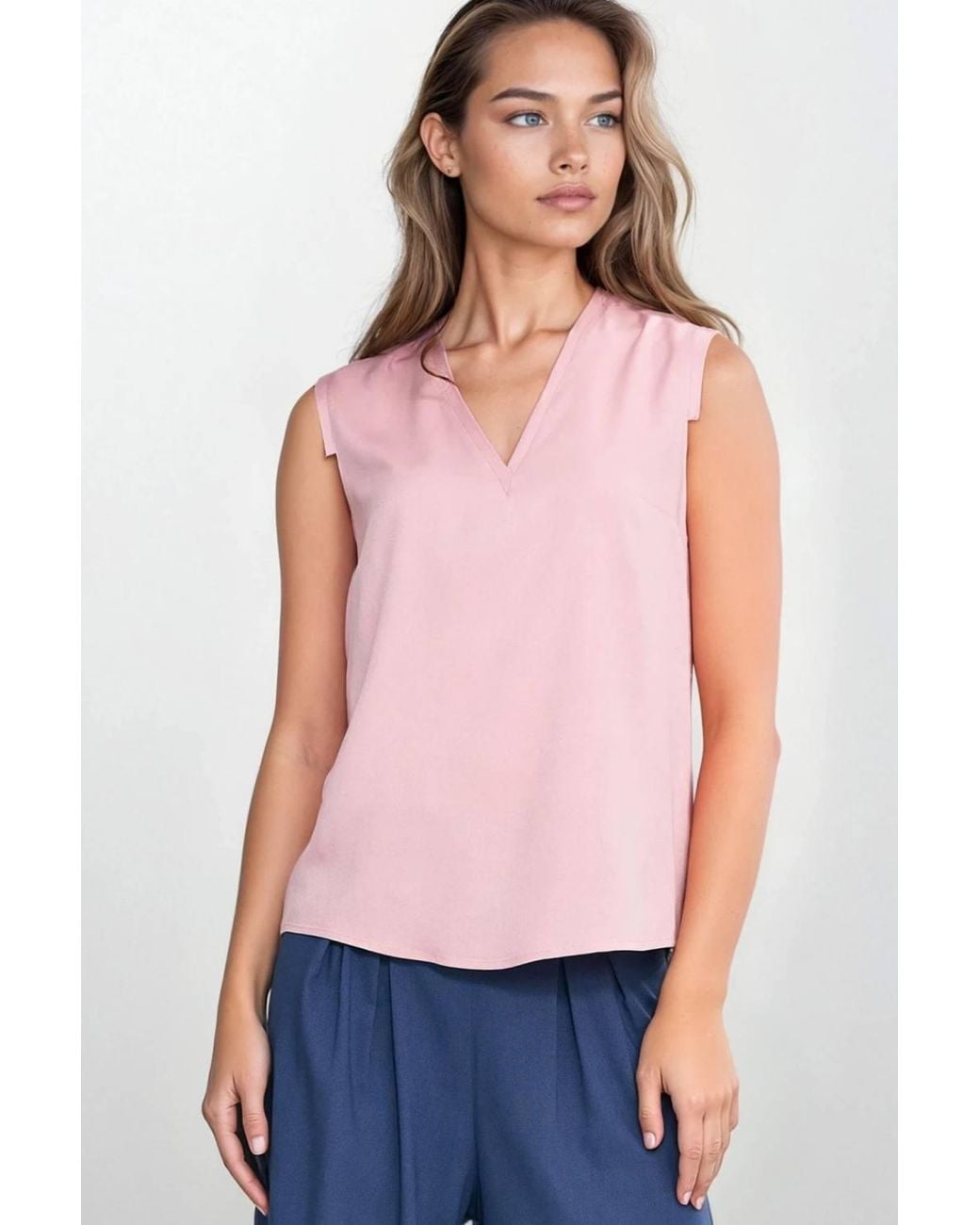 Love Lace Pink Viscose V Neck Sleeveless Blouse With Pleat