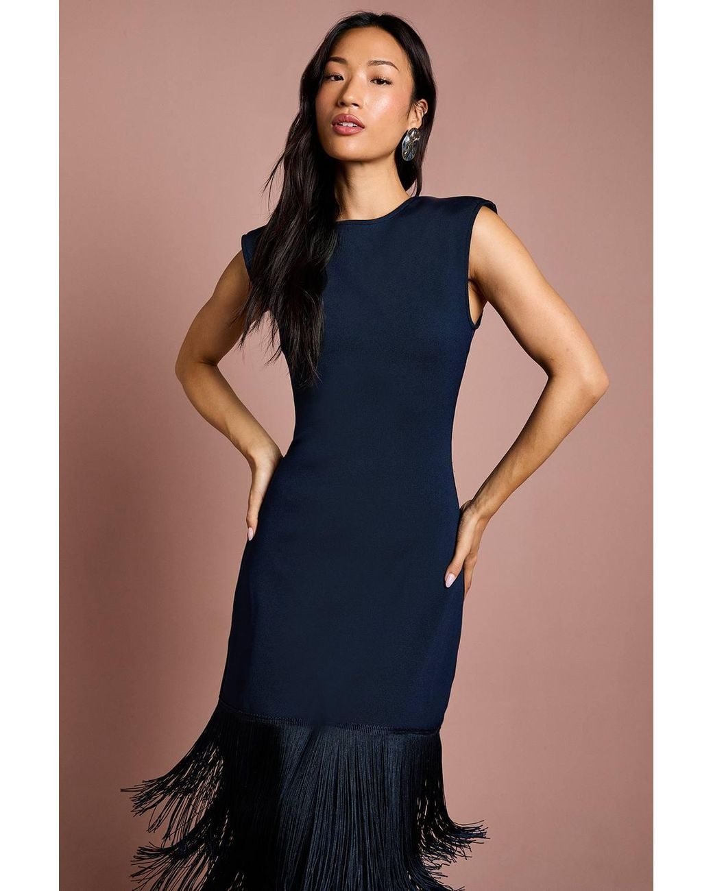 Coast Blue Bandage Knit Fringed Hem Midi Dress