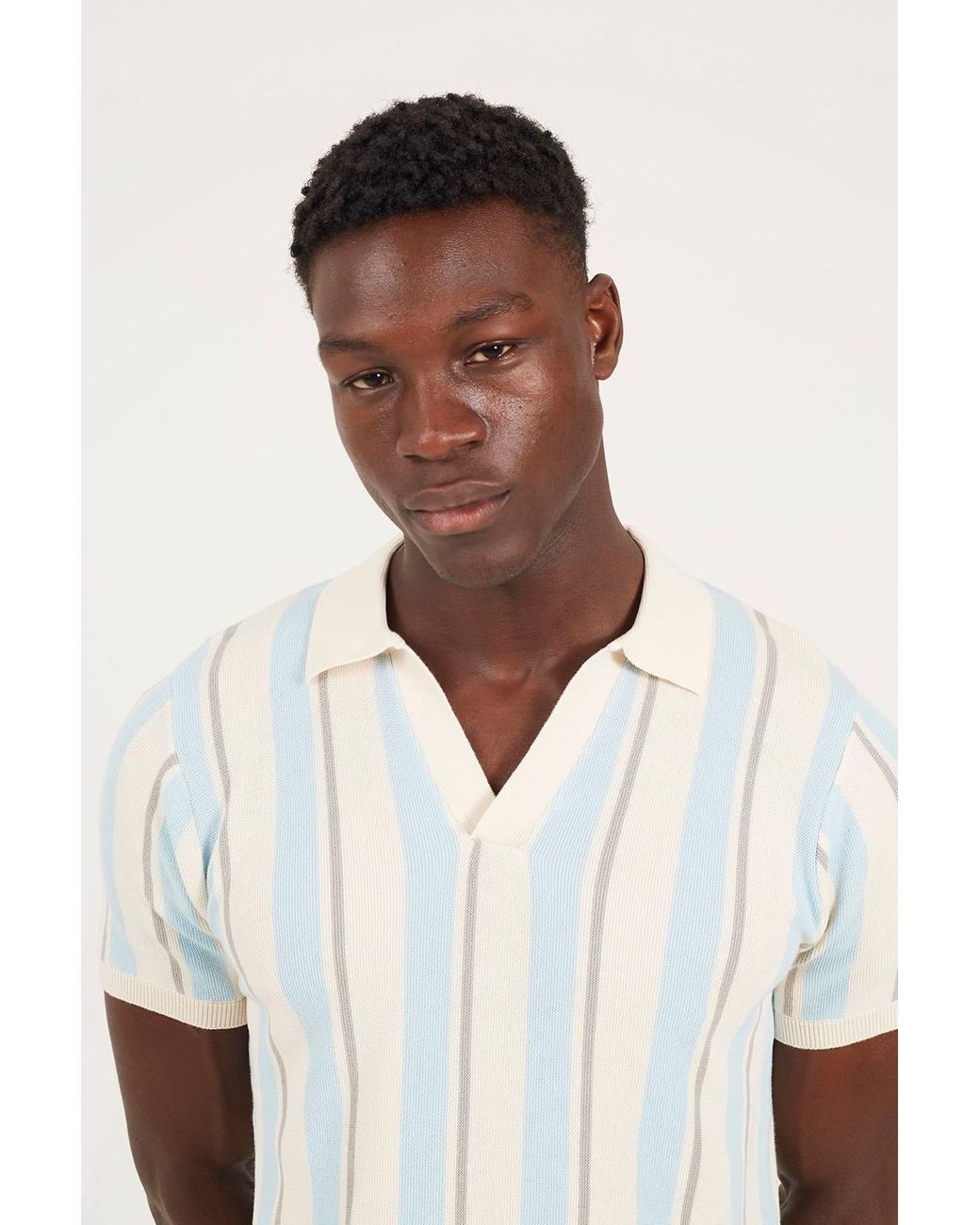 Brave Soul Natural Striped Trophy Neck Knitted Polo Shirt for men
