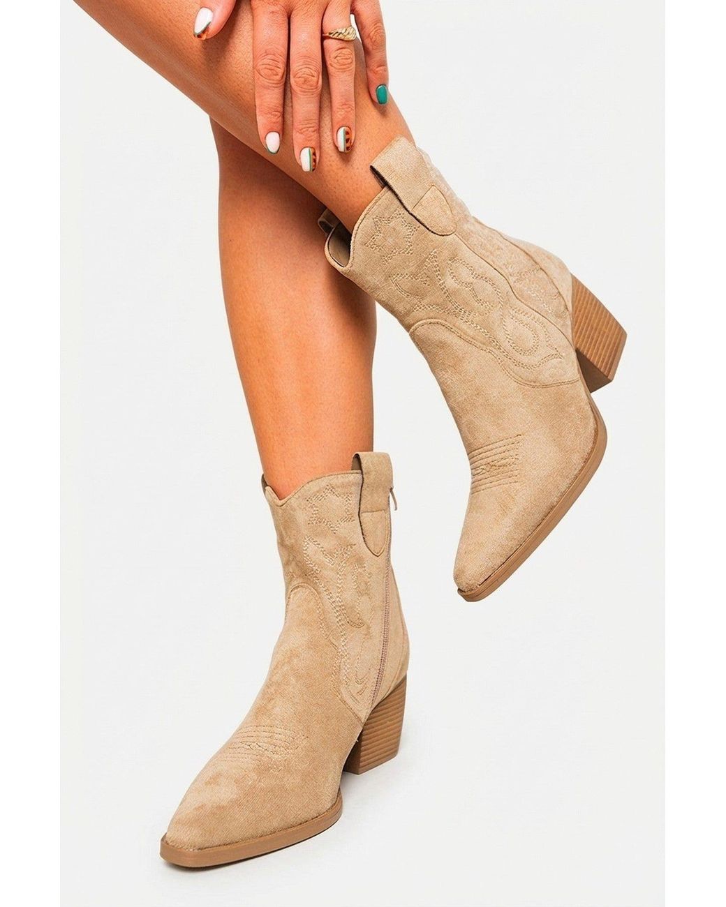 IKRUSH Natural Laura Faux Suede Cowboy Ankle Length Boots With Block Heel