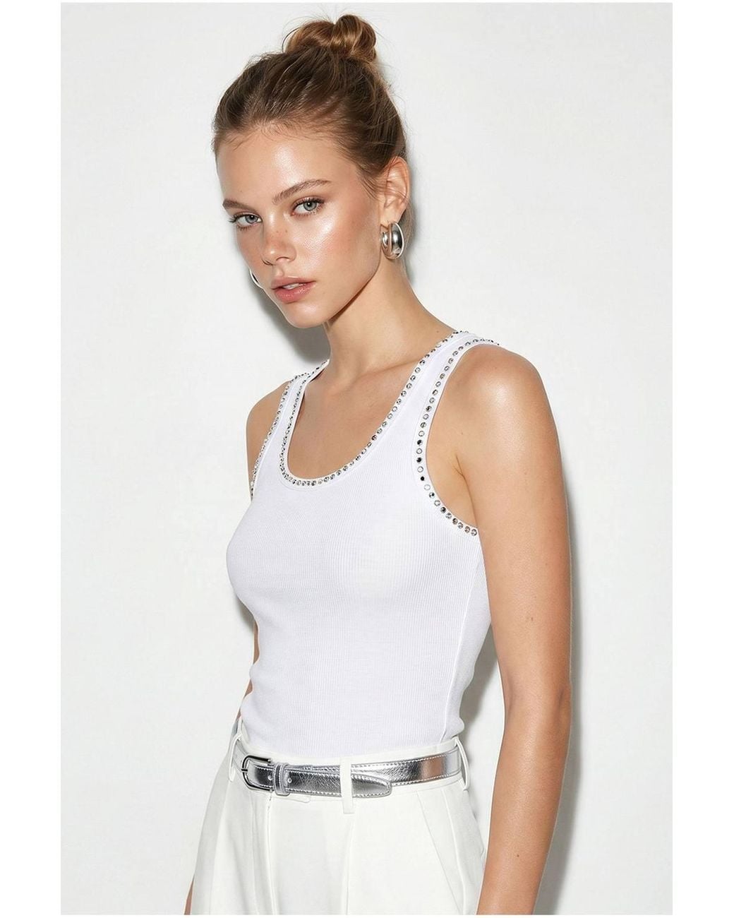 Bianco Lucci White Ribbed Cotton-Blend Fitted Cami Top
