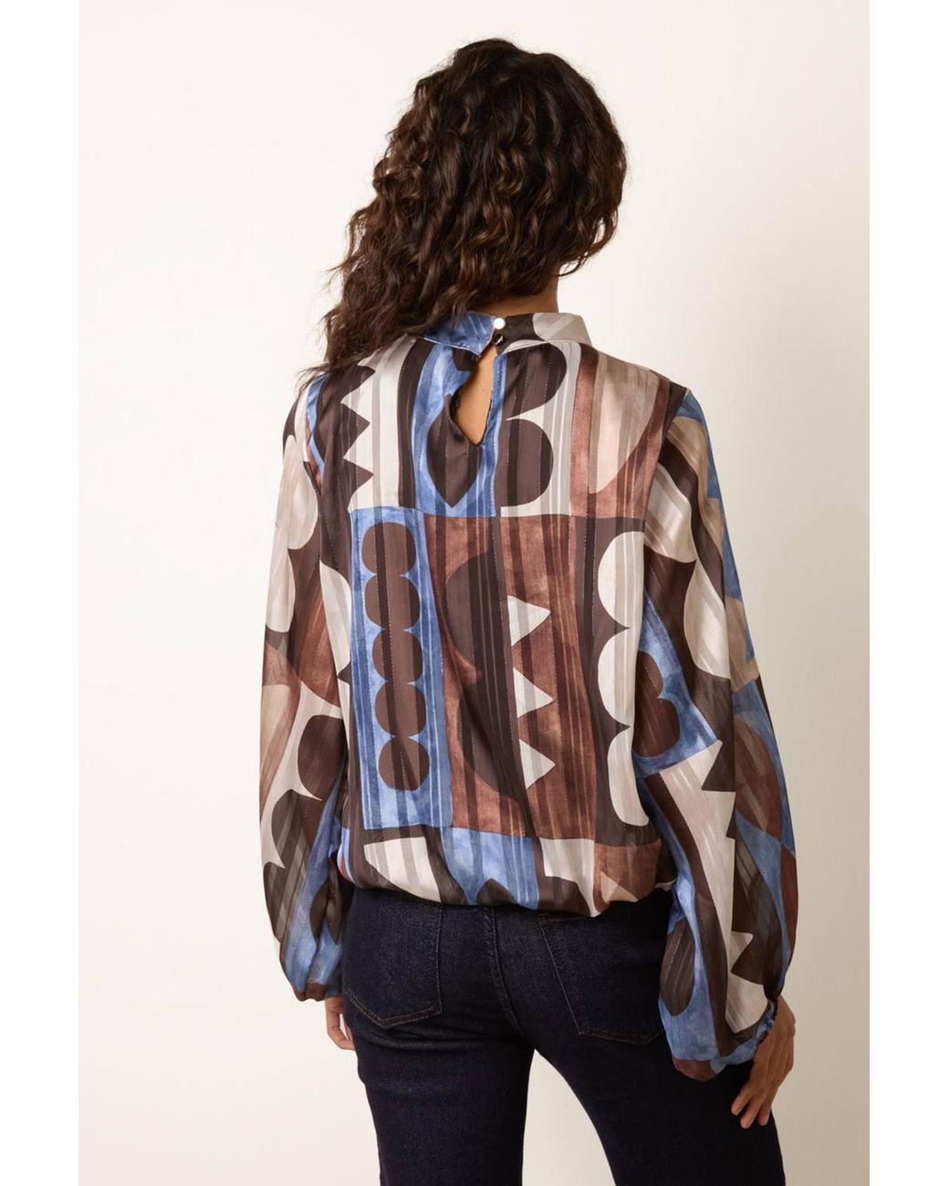 Blue Vanilla Brown Long Sleeve Round Neck Blouse