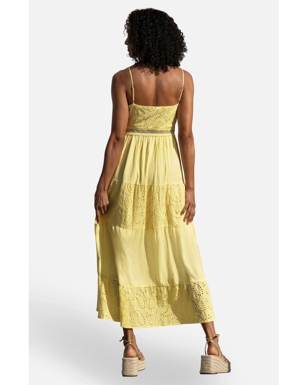 Yumi' Yellow Butter Cotton Lace Trim Midi Dress
