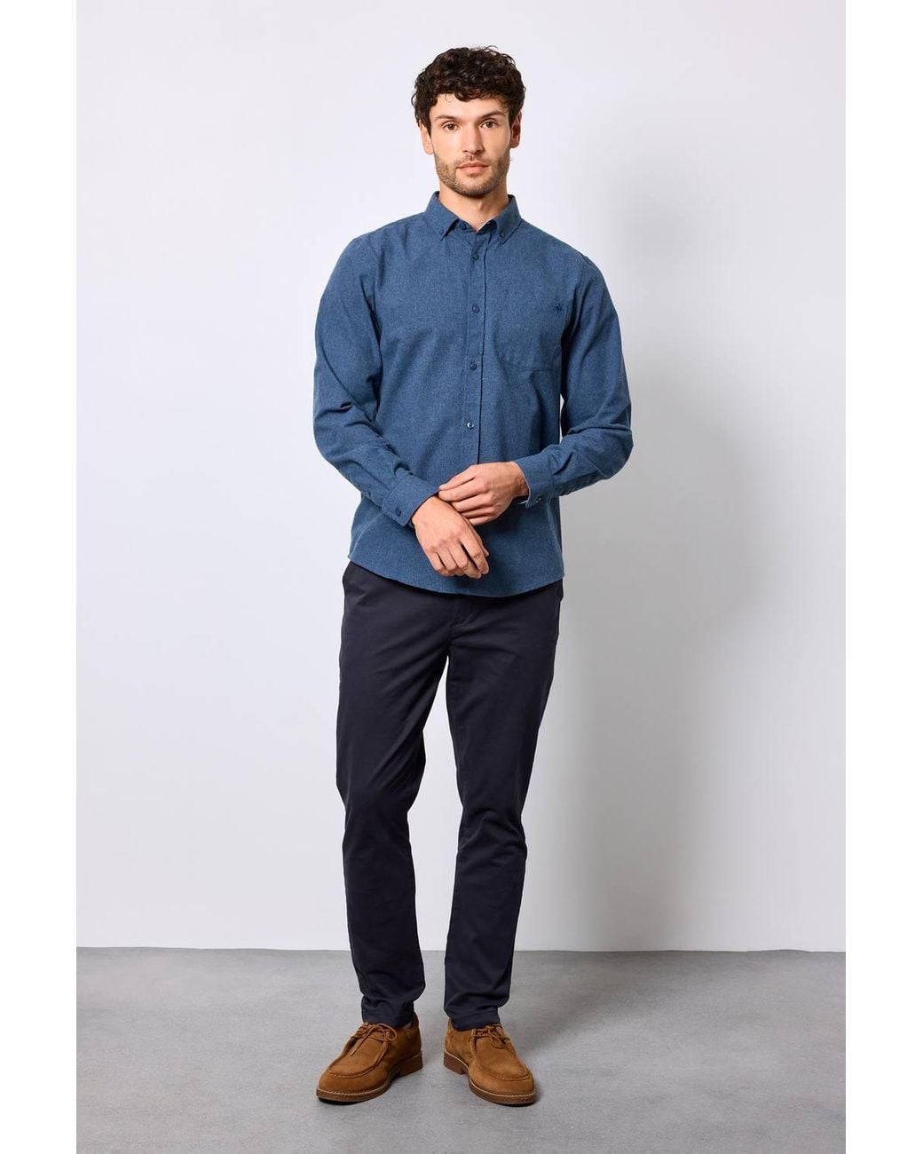 MAINE Blue Brushed Cotton Long Sleeve Shirt for men