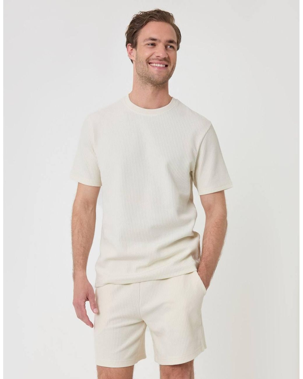 Threadbare White Regular Fit Ribbed Shorts for men