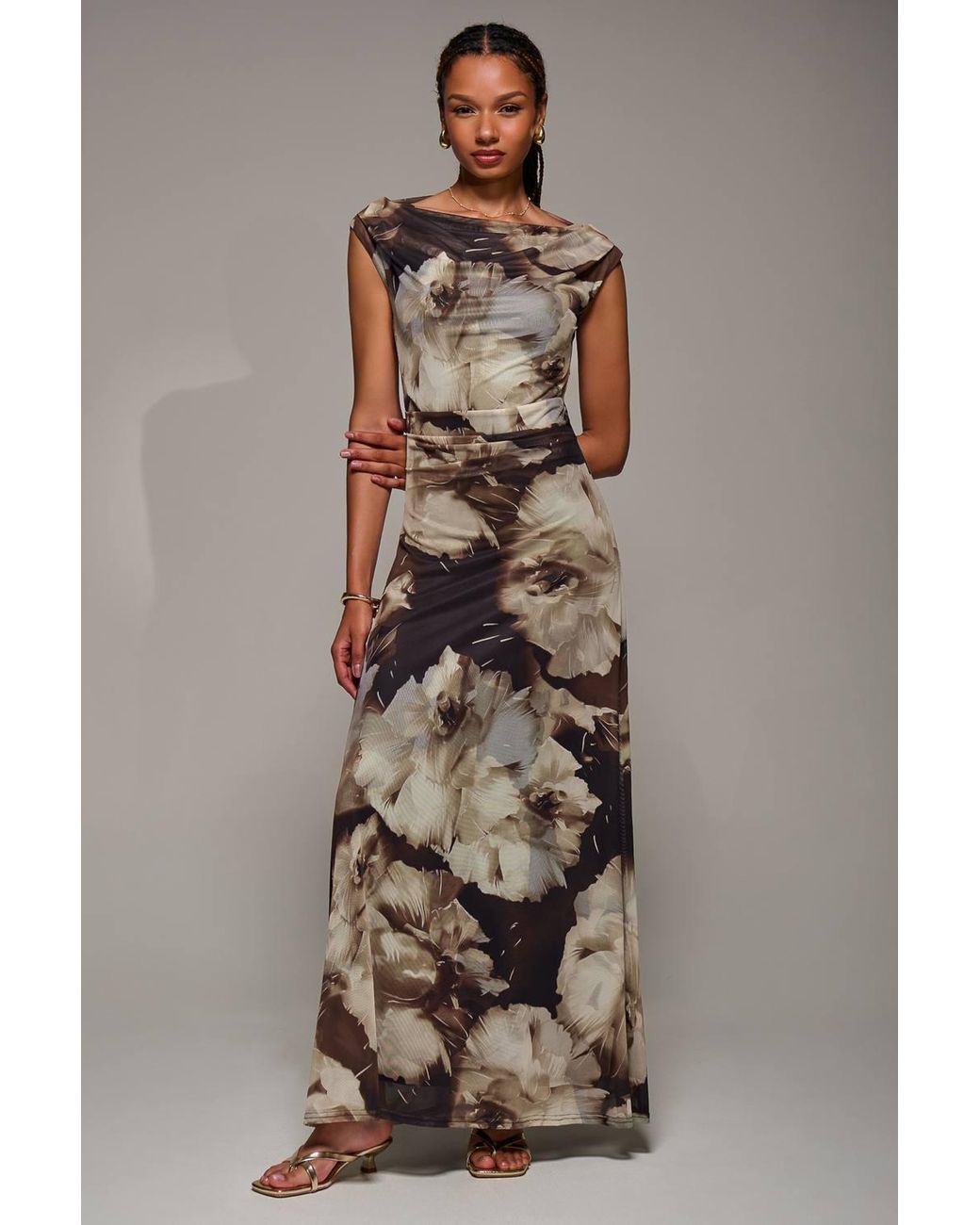 Jolie Moi Brown Multiway Neckline Mesh Maxi Dress