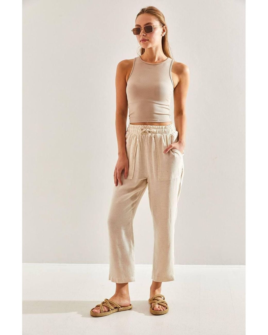 Bianco Lucci Natural Relaxed Fit Cotton Poplin Pants With Pocket